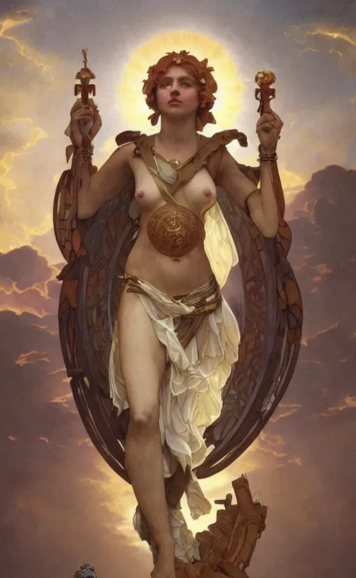 Image similar to solarpunk four armed statue of the goddess of the sun helios descending from olympus, four arms, artstation, concept art, smooth, sharp focus, illustration, art by artgerm and greg rutkowski and alphonse mucha and william adolphe bouguereau and john william waterhouse and gianlorenzo bernini