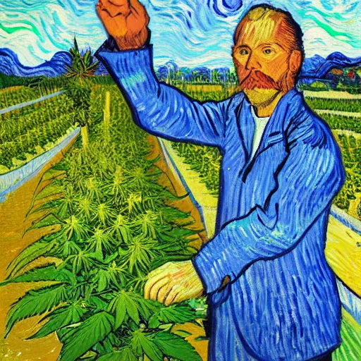 Image similar to jimm kerry spreads his hands against the background of growing cannabis. an oil painting in the style of van gogh