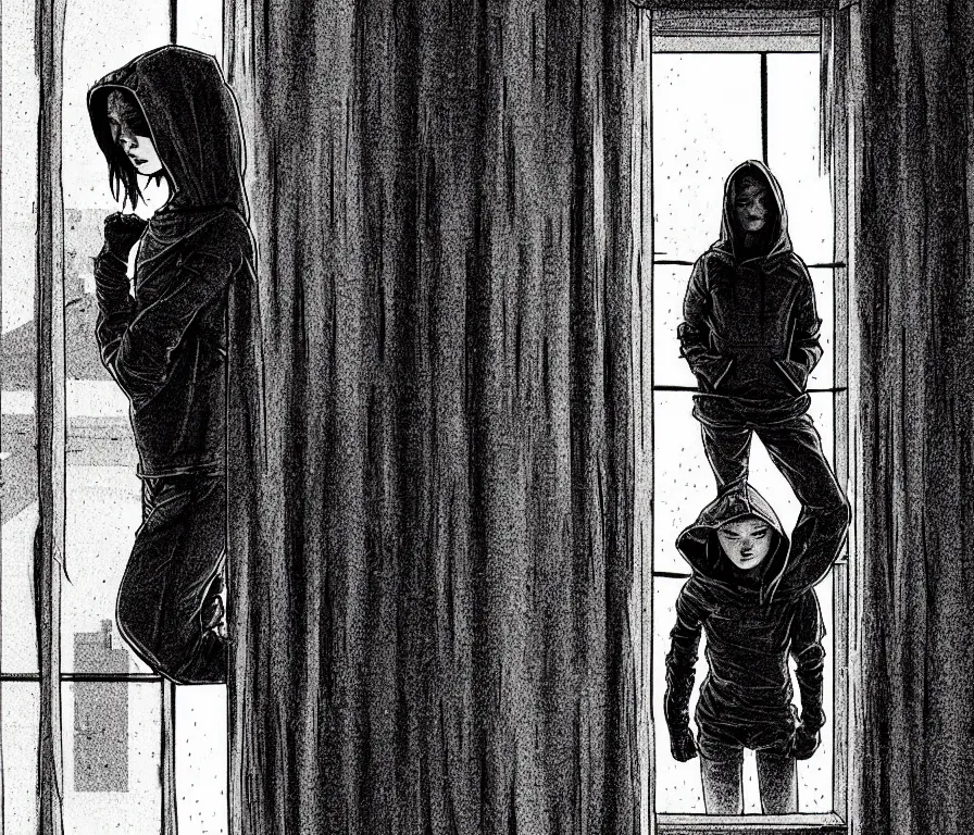 Image similar to outdoors : sadie sink in hoodie sits on windowsill, knees tucked in | rain falls at night : storyboard, scifi cyberpunk. by gabriel hardman, joe alves, chris bonura. cinematic atmosphere, detailed and intricate, perfect anatomy