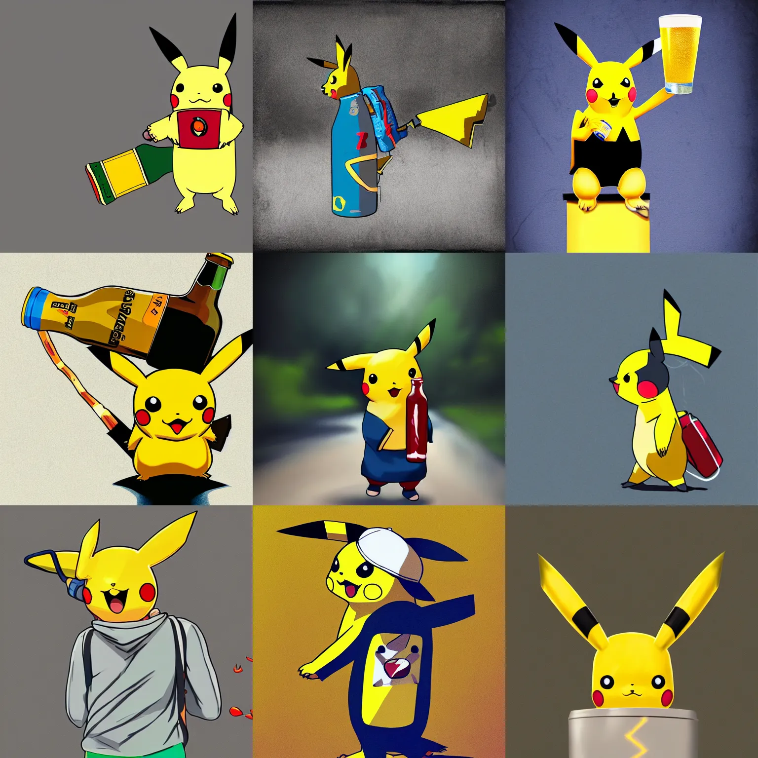 Prompt: pikachu drinking a beer bottle while walking with a backback on his back, digital art