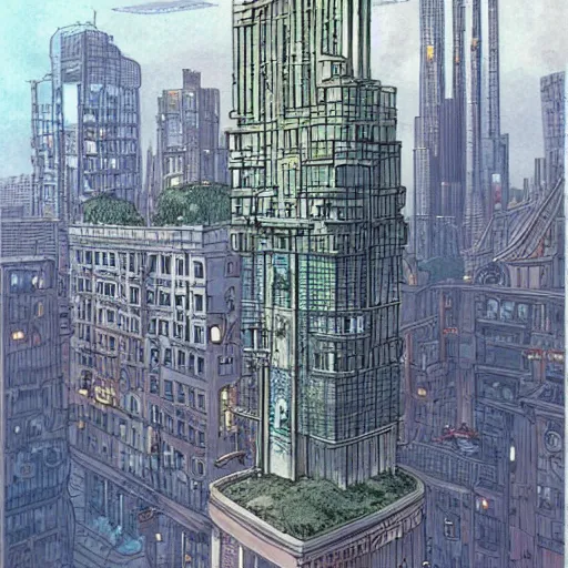 Prompt: concept art of a huge cat - like building in the middle of a city, art by moebius, digital art