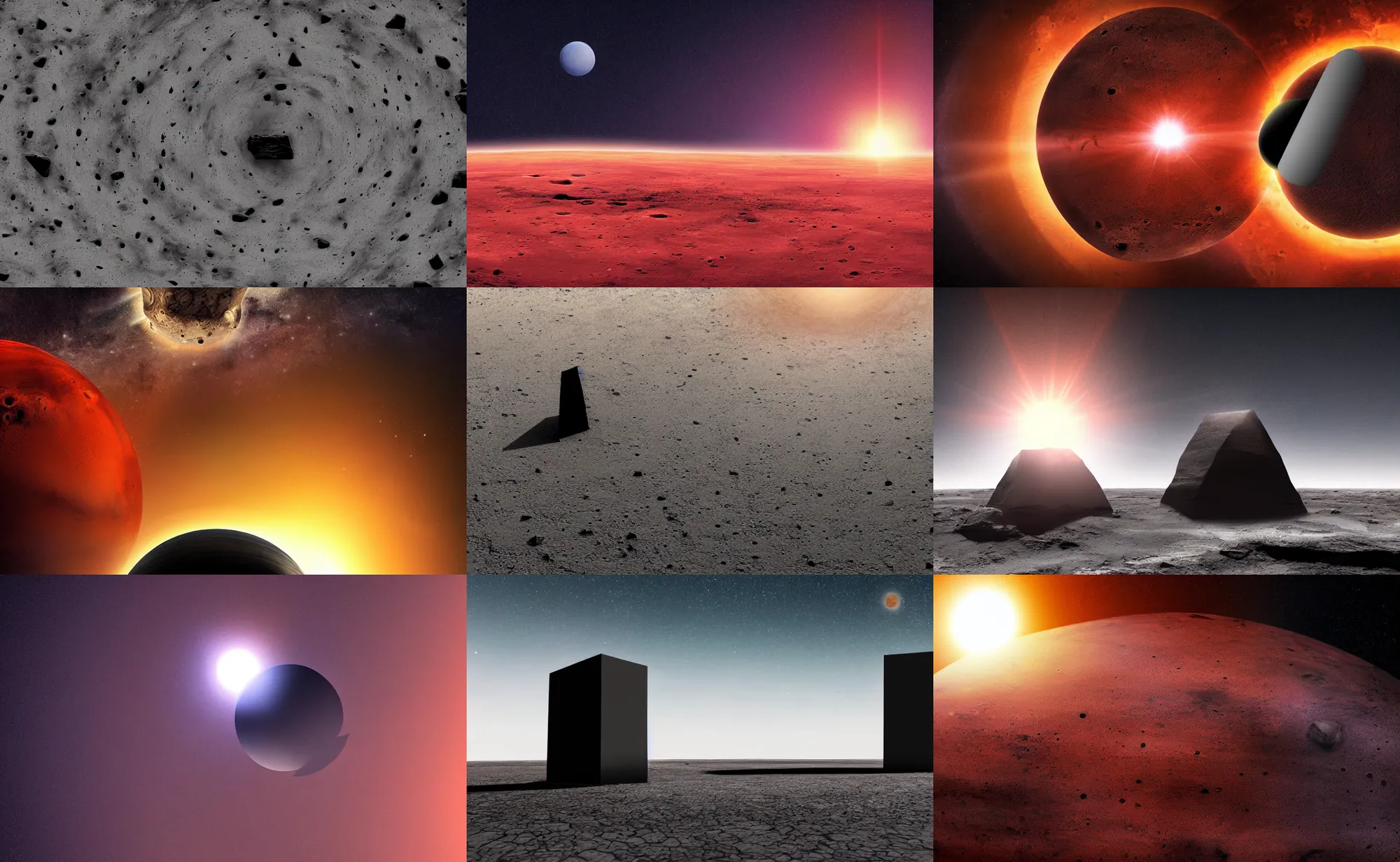 Prompt: a large black monolith made of black rectangular glass embedded in the floor of mars, jupiter and the sun appear in the center of the background. concept art 4 k vibrant colors,