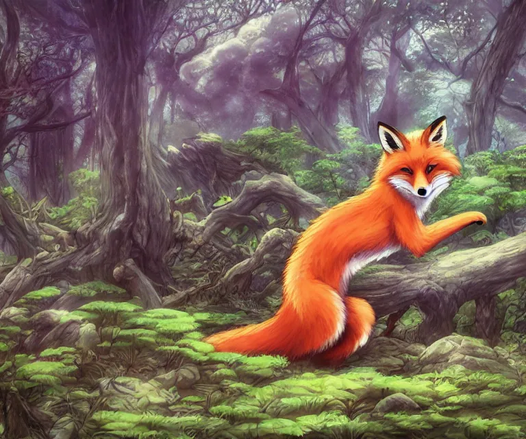 Image similar to fox in a forest, anime fantasy illustration by tomoyuki yamasaki, kyoto studio, madhouse, ufotable, comixwave films, trending on artstation