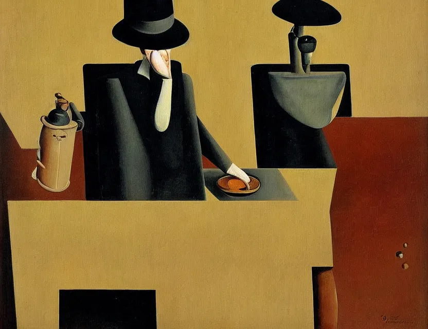 Prompt: a painting of a old and strange dusty professor in black suite and hat making a study of drinking 1 0 cups of black coffee in 5 seconds in a kitchen that is melting, styled and painted by giorgio de chirico