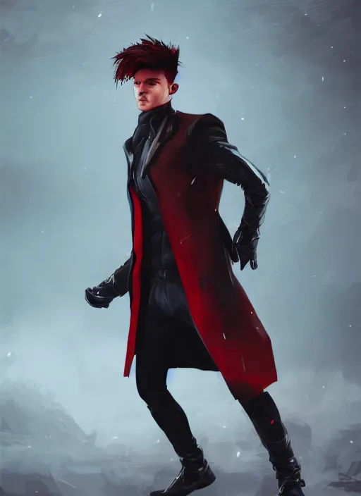 Image similar to An epic fantasy comic book style portrait painting of a young man with black undercut haircut, wearing black overcoat, red clothes, blue jeans. Unreal 5, DAZ, hyperrealistic, octane render, cosplay, RPG portrait, dynamic lighting