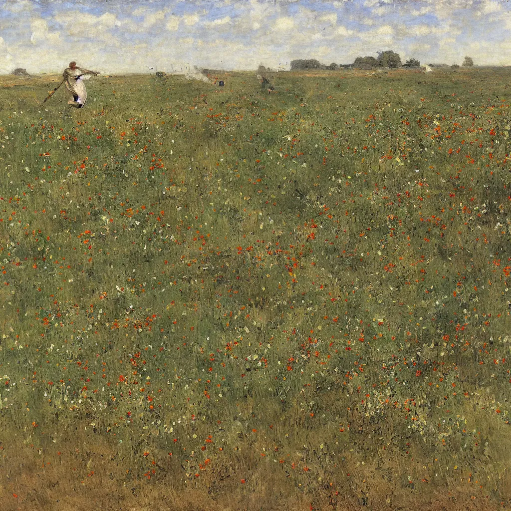 Prompt: smoking wreckage of a crashed spaceship in a field of wildflowers by Jules Bastien-Lepage, Kazimir Malevich