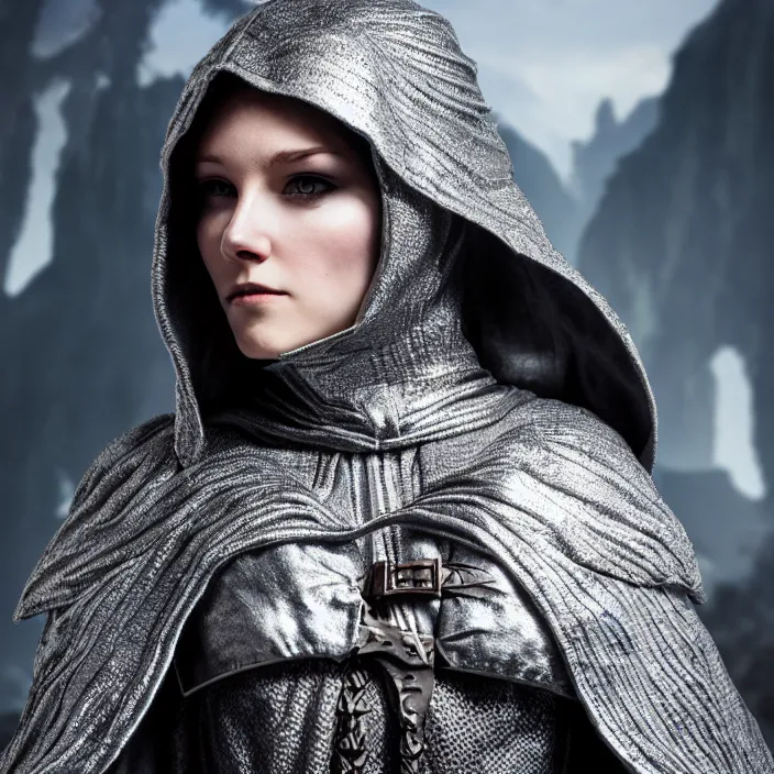 Image similar to photograph of a real-life beautiful rogue with intricate silver cloak. Extremely detailed. 8k