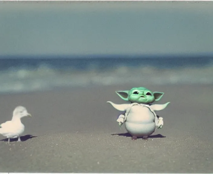 Prompt: polaroid photograph of a very detailed and cute baby yoda!!. grogu. at the beach next to a ( big seagull!!!! ). photo by martin parr and annie lebovitz. 2 4 mm lens