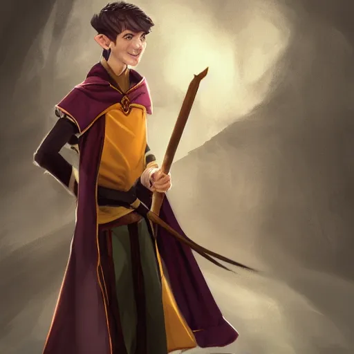 Prompt: A fullbody portrait of an adolescent male half-elf wizard who is tall and slim, focus on face, short brown hair, smiling, wizard robes, staff, sharp focus, highly detailed, photograph, cinematic, dynamic lighting, trending on artstation, digital painting, in the style of Chris Ostrowski