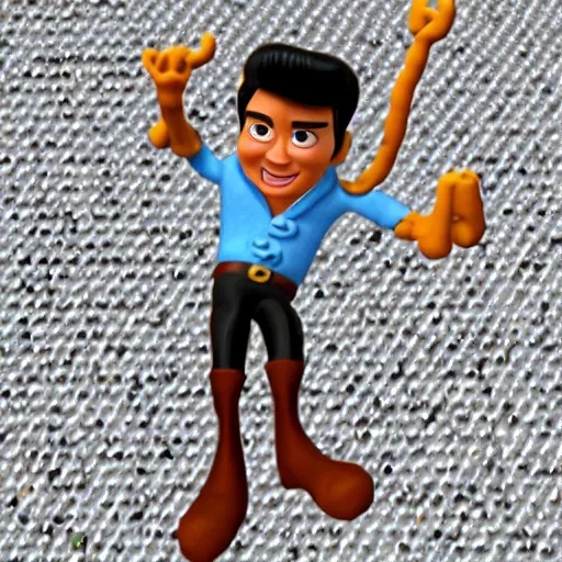 Image similar to elvis presley with legs made from pretzels!!!!, pixar character, stage background, pixar, 3 d,