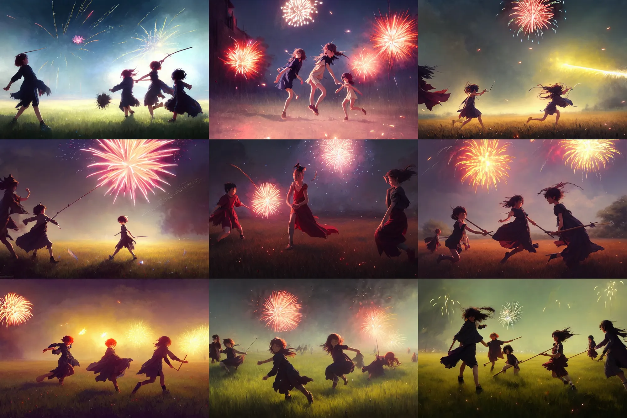 Prompt: young witches running through a field launching fireworks into the sky, magical particles in the air, night time, rim light, studio ghibli style, high octane filter, 8 k, highly detailed, digital painting, concept art, matte, art by ruan jia and wlop and greg rutkowski and makoto shinkai, masterpiece