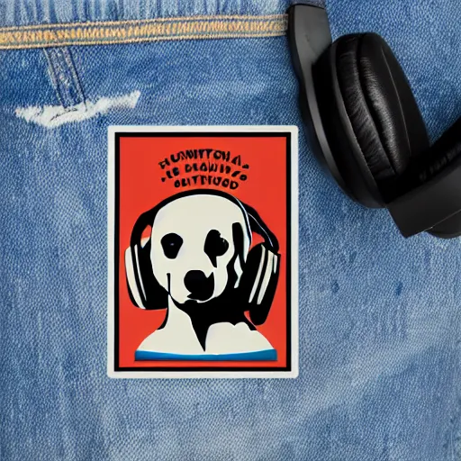 Image similar to wild humanoid dog playing music on his headphones, dancing by shepard fairey, sticker - svg