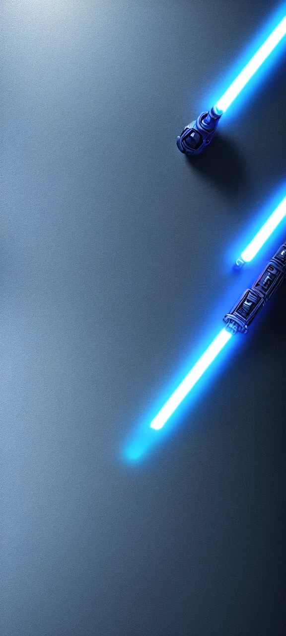 Prompt: detailed cinematic render, of a blue cyberpunk lightsaber lying vertically on a glossy floor, in a dark room, photo from above, octane render 8 k, digital art, lightsaber wallpaper 4 k, ray tracing, jedi fallen order lightsaber wallpaper 4 k, cal kestis lightsaber wallpaper