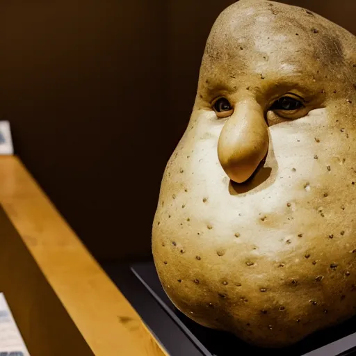 Image similar to a taxidermized potato with a human face, in a museum, 8 5 mm lens, 7 0 mm entrance pupil diameter