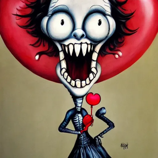 Image similar to grunge cartoon painting of a snake with a wide smile and a red balloon by chris leib, loony toons style, pennywise style, corpse bride style, horror theme, detailed, elegant, intricate