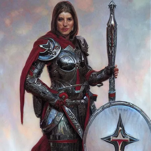 Prompt: female templar is amazed by her shield, by donato giancola.
