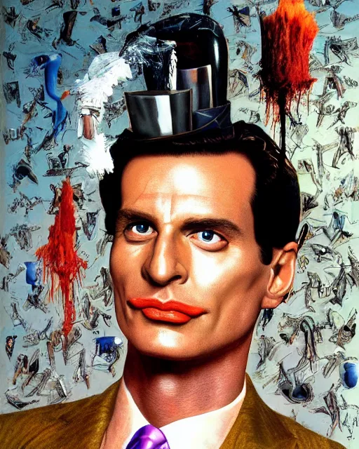 Prompt: a surrealistic portrait of Patrick Bateman, centered face, painting by Patrick Woodroffe and Salvador Dali, highly detailed, trending on artstationhq
