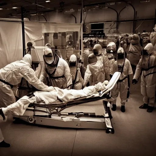 Image similar to dismantled alien on a gurney in hanger with people in hazmat suits standing around, grainy, vintage photo, sepia, old photo, realistic, detailed,