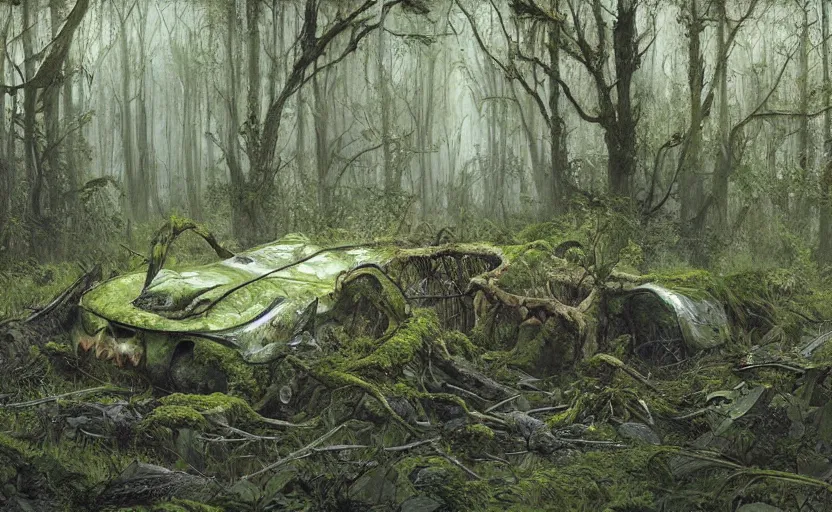 Image similar to digital painting of ovni crash site on swamp wasteland, extraterrestrial body parts on the floor, forest, moss, elegant artwork by lee bermejo and greg rutkowski and alphonse mucha