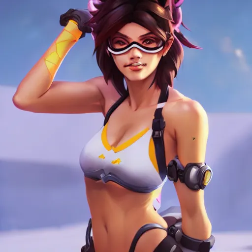 Image similar to overwatch tracer in a bikini, digital art, pretty face, very beautiful face, very detailed eyes, 8 k resolution, by wlop, greg rutkowski, full body
