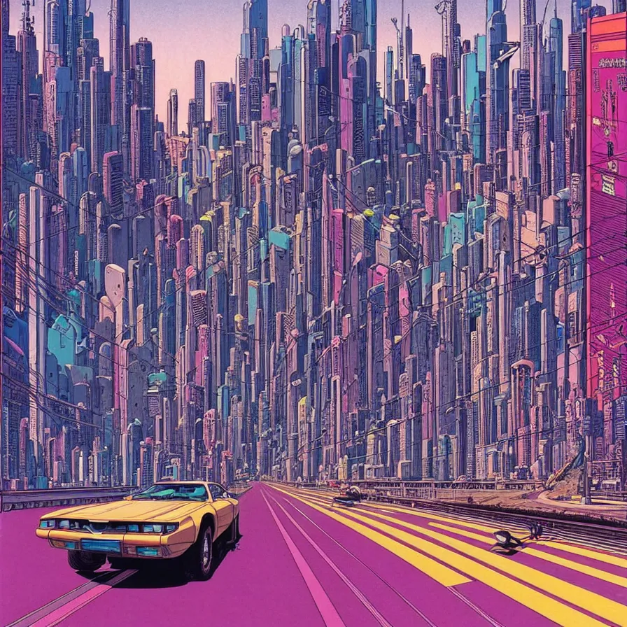 Prompt: ( ( ( ( classic car driving highway in cyberpunk city ) ) ) ) by mœbius!!!!!!!!!!!!!!!!!!!!!!!!!!!, overdetailed art, colorful, artistic record jacket design