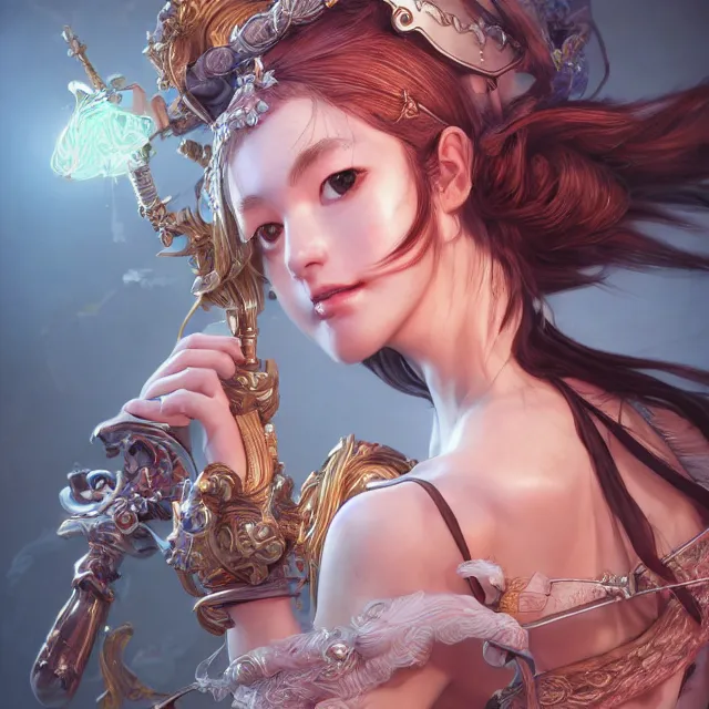 Image similar to studio portrait of neutral good colorful female cleric bard healer as absurdly beautiful, elegant, young skinny gravure idol, ultrafine hyperdetailed face illustration by kim jung gi, irakli nadar, intricate linework, sharp focus, bright colors, octopath traveler, final fantasy, unreal engine highly rendered, global illumination, radiant light, detailed and intricate environment