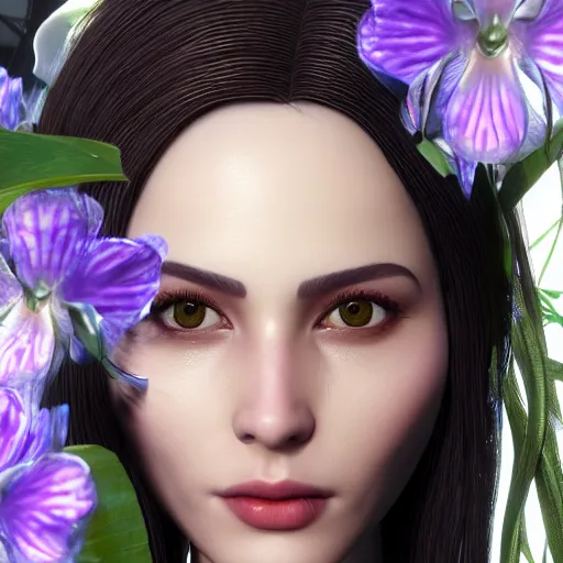 Prompt: “hyperrealistic ultra detailed unreal engine 5 RTX raytracing nvidia hairworks render of portrait of the most beautiful girl in beautiful tropical flowers . She has amazing silver jevelery. Nose piercing. Black shiny Latex designer dress . Ultra realistic face. Grymes inspires. Wonderful landscape on the background. Photo. Photorealistic ”