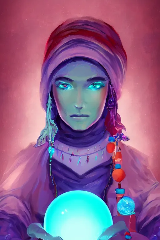 Prompt: fortune teller from a magical realm looks into a magical crystal ball, highly detailed digital painting, artstation, smooth, 8 k, 4 k, teal and orange cyberpunk colors, magical, art therapy