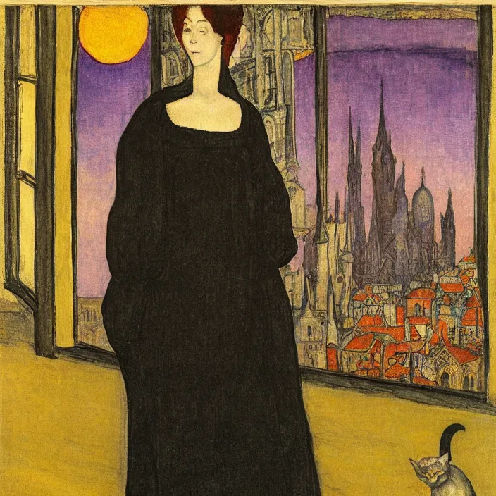 Prompt: close portrait of woman in night gown with cat, with city with gothic cathedral seen from a window frame with curtains. sunset. lucas cranach, bonnard, henri de toulouse - lautrec, utamaro