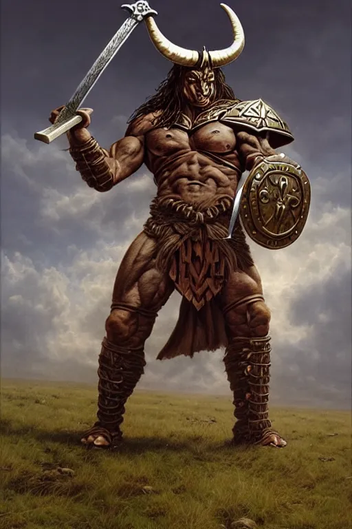 Prompt: Giant horned minotaur warrior wielding a sword and shield, leather armor, full body, muscular, dungeons and dragons, high quality, realistic, professional, Michael Whelan.