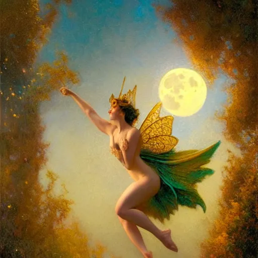 Image similar to attractive fairy magically floating high in the night, fantasy, full moon in background. highly detailed painting by gaston bussiere, craig mullins, j. c. leyendecker, sharp focus, 8 k