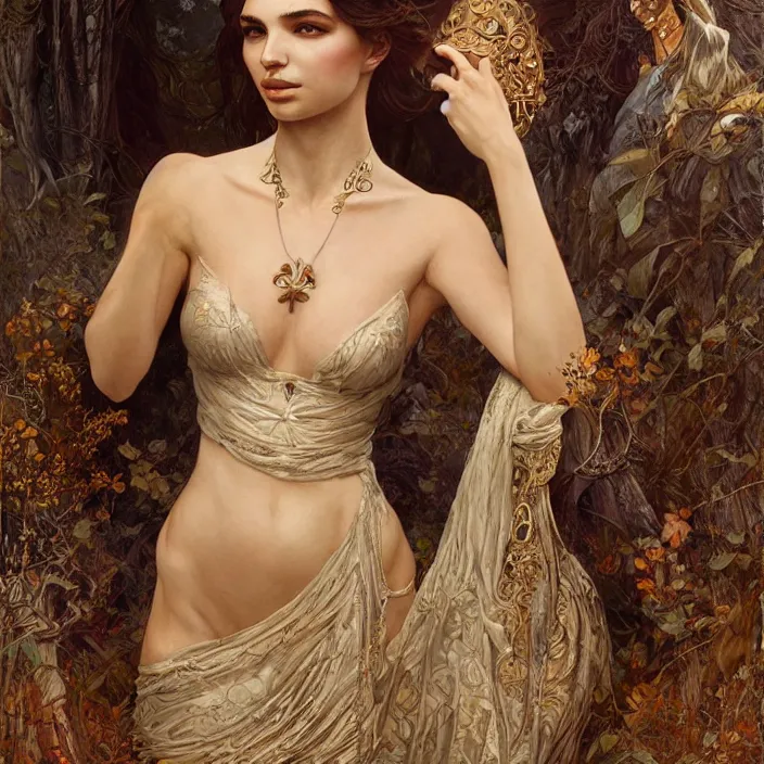 Image similar to ancient queen emily ratajkowski, diffuse lighting, fantasy, intricate, elegant, highly detailed, lifelike, photorealistic, digital painting, artstation, illustration, concept art, smooth, sharp focus, art by john collier and albert aublet and krenz cushart and artem demura and alphonse mucha