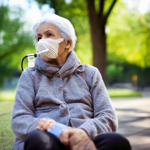 Image similar to an older woman sitting in a park wearing a small oxygen cannula under her nose, 4 k,