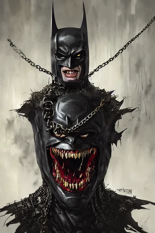 Prompt: portrait of Batman Who Laughs holding bloody chains, gothic armor suit, evil mastermind, fantasy horror, intricate, realistic, cinematic lighting, highly detailed, digital painting, Artstation, concept art, smooth, sharp focus, illustration, art by Artgerm and Greg Rutkowski and Alphonse Mucha