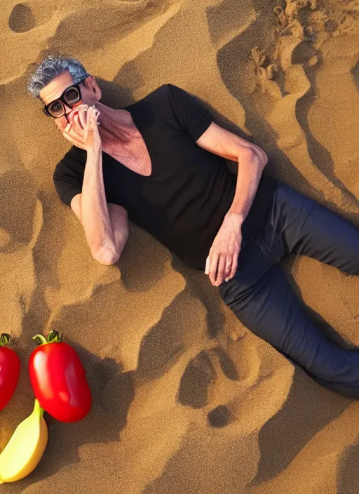 Image similar to jeff goldblum as a banana tomato on the sand of a beach