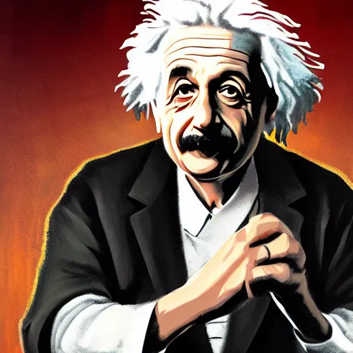 Prompt: albert einstein in pulp fiction meme, coloured digital painting by greg rutkowski and thomas kinkade