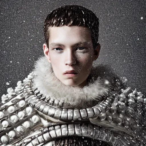 Prompt: a portrait of a beautiful young male wearing an alexander mcqueen armor made of hail , photographed by andrew thomas huang, artistic