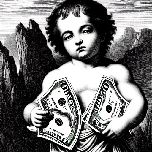 Image similar to baby smoove holding stacks of cash, biblical image, style of gustave dore, highly detailed, beautiful, high contrast, black and white