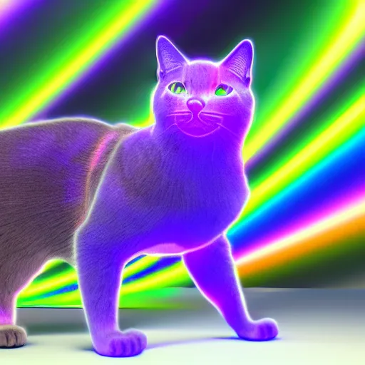 Prompt: an holographic iridescent prismatic cat, dark background, strong dramatic light, digital art rendered in unreal engine.