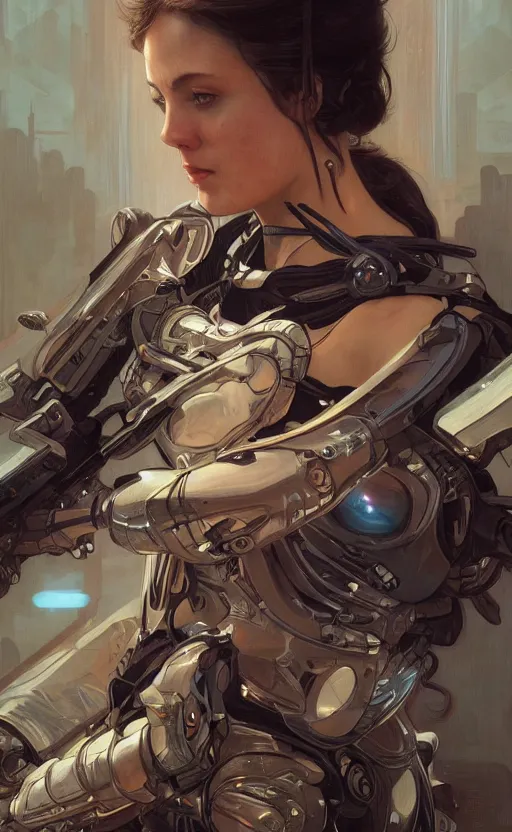Image similar to portrait of a female warrior wearing a semi transparent carbon shell, plastic, cybernetic, science fiction, intricate, headshot, highly detailed, digital painting, artstation, concept art, sharp focus, cinematic lighting, illustration, art by artgerm and greg rutkowski, alphonse mucha, cgsociety
