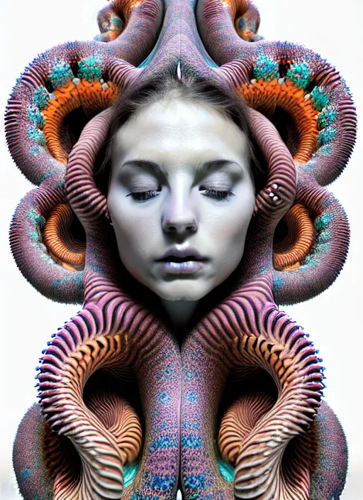 Prompt: ridiculously beautiful young womans face, swirling fractals of 3 d snake skin, blooming, portals into dimensions, coral, birds, symmetrical, in the style of ernst haeckel, effervescent, sacred geometry, surrealism, photo realistic, epic and cinematic, 3 d, clear, sharp,
