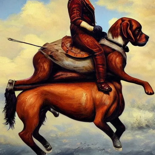 Image similar to Donald Trump riding on the back of a giant boxer dog with a saddle, oil painting highly detailed