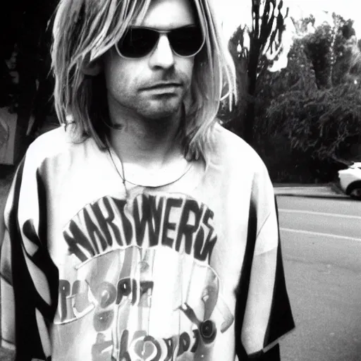 Image similar to this is me as kurt cobain, a photograph from 1 9 9 0 taken at sunset plaza, hollywood, on halloween