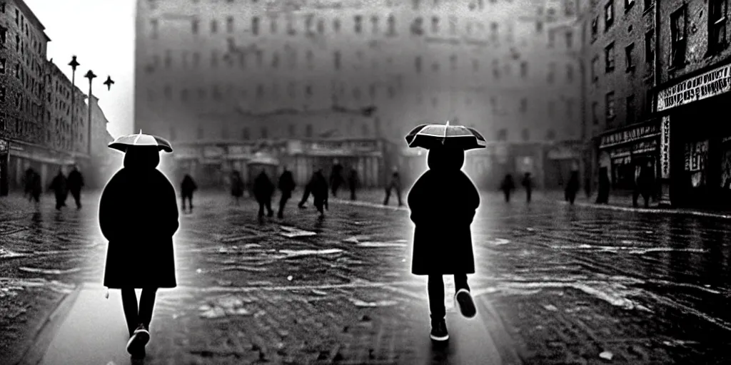 Image similar to medium shot | sadie sink in hoodie | lonely market stall selling umbrellas | in ruined square, pedestrians on both sides | steampunk tenement windows in background : 3 5 mm film, anamorphic, from schindler's list by steven spielberg. cyberpunk, cinematic atmosphere, detailed and intricate, perfect anatomy