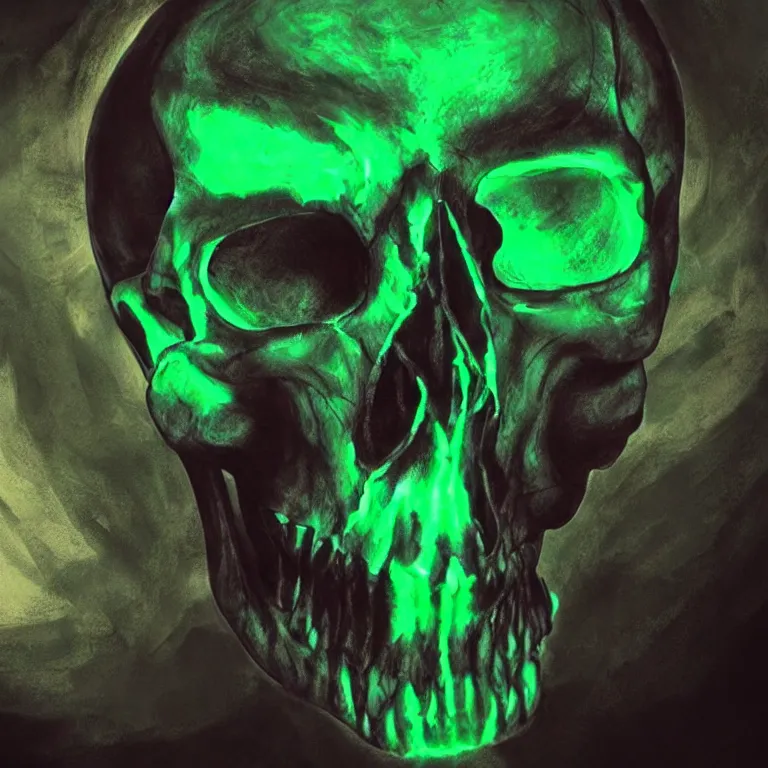 Prompt: photorealistic dark fantasy concept art of a glowing human skull with a green neon outline and a Pentagram on it's forehead, dynamic lighting, stunning visuals, realism, cinematic, hyper detailed, ultra detailed, beautiful visuals