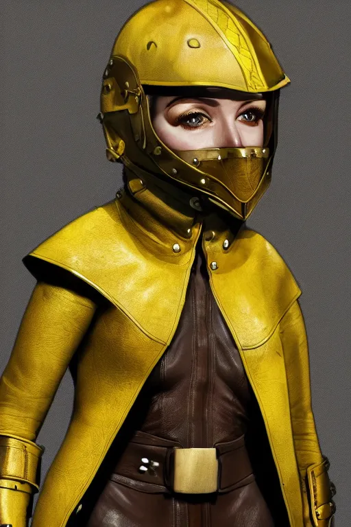 Prompt: female adventurer in tight full - body canary yellow gambeson leather armor of italian design with diamond pattern and brown leather accents and a closed armet helmet with visor down, trending in artstation, establishing shot