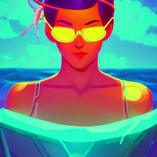 Image similar to neon bikini woman in the ocean | hyperrealistic digital painting by makoto shinkai, ilya kuvshinov, lois van baarle, rossdraws | afrofuturism in the style of hearthstone and overwatch, trending on artstation