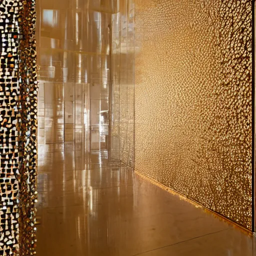 Image similar to a wall made of geometric gold pieces overlaying each other. The wall is bordered by a copper tinted mirror.