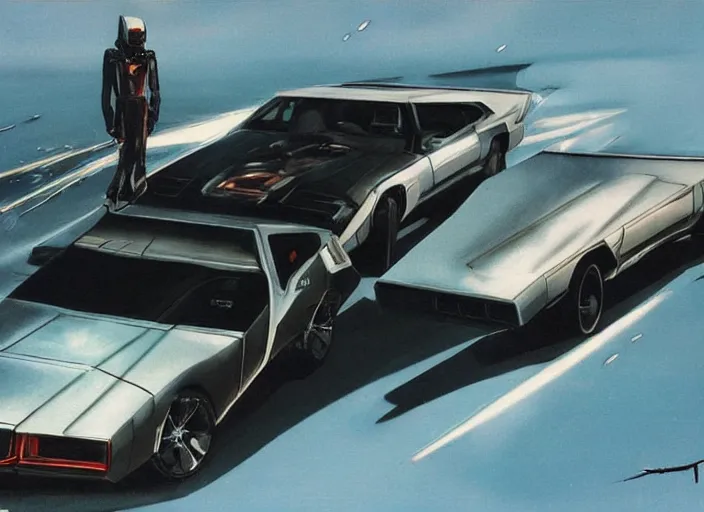 Prompt: ( ( ( ( ( knight rider kitt, car concept art, sci - fi illustration, painting, in the style of speed racer ) ) ) ) ) by vincent di fate and john berkey and 1 9 8 2 pontiac trans am!!!!!!!