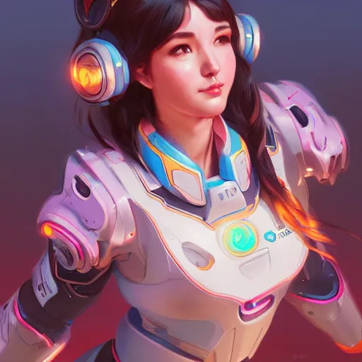 Image similar to d. va from overwatch, vaporwave, highly detailed, digital painting, artstation, concept art, smooth, sharp focus, illustration, art by artgerm and greg rutkowski and alphonse mucha